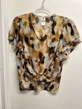 CAbi V-Neck Knot Front Flutter Sleeve Top - Mustard Multi Floral Wash